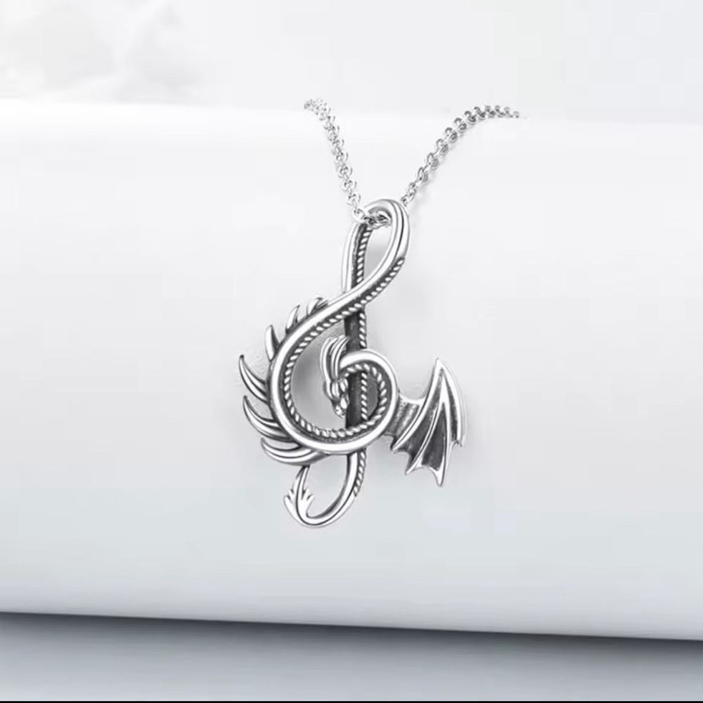 18K White Gold Unisex Dragon Treble Clef Music Note Goth Punk Biker Necklace - Picture 3 of 5